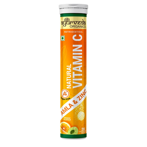 Ayurveda Organics Vitamin C Zinc Natural Amla Extract Antioxidants Protection Immunity Booster Skin care Family Pack 20 Effervescent Tablets Orange Flavor 60g