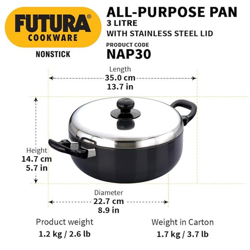 Hawkins Futura Non-stick All-Purpose Pan Handi 3 L with Lid (NAP30)