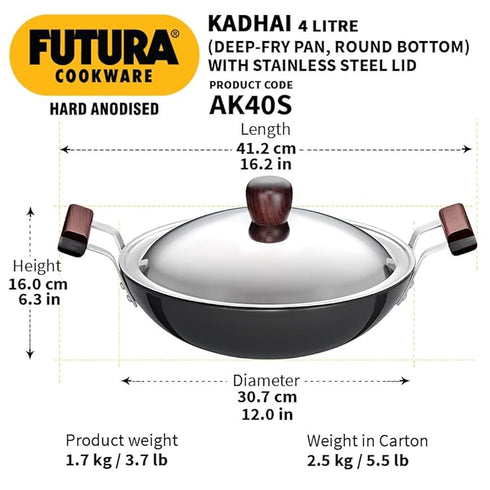 Hawkins Futura Hard Anodised Kadhai 30 cm Diameter with Lid 4 L (AK40S)