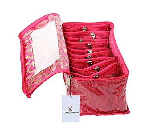 Pink Fabric 10 Transparent Pouches Jewellery Box