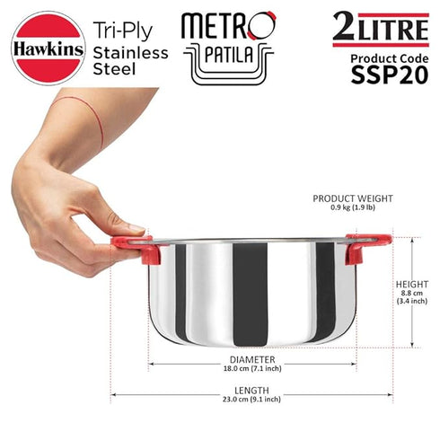 Hawkins Tri-Ply Stainless Steel Induction Metro Patila 2 Litre (SSP20)