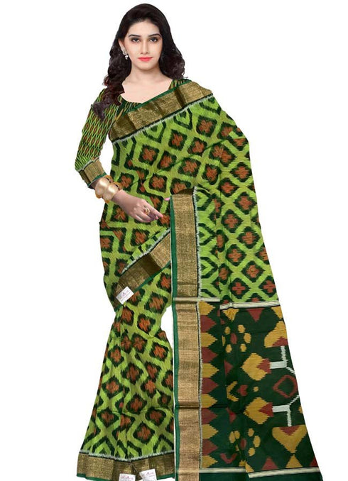 Ikkat Sico Green With Black Color Saree