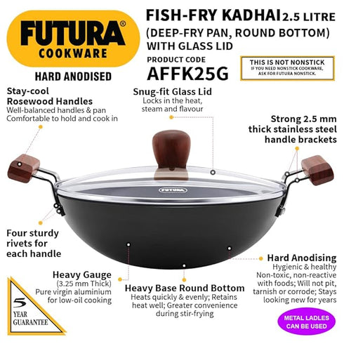 Hawkins Futura Hard Anodised Fish Fry Kadhai 26 cm Diameter 2.5 L with Lid (AFFK25G)