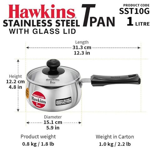 Hawkins Stainless Steel Tea Pan 15.1 cm Diameter with Glass Lid 1 L (SST10G)
