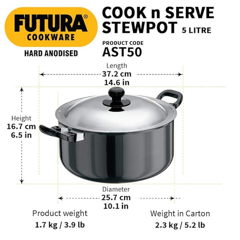 Hawkins Futura Hard Anodised Cook-n-Serve Stewpot 5 L with Lid (AST50)