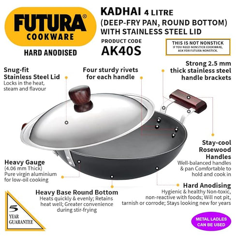 Hawkins Futura Hard Anodised Kadhai 30 cm Diameter with Lid 4 L (AK40S)