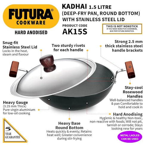 Hawkins Futura Hard Anodised Kadhai 22 cm Diameter with Lid 1.5 L (AK15S)