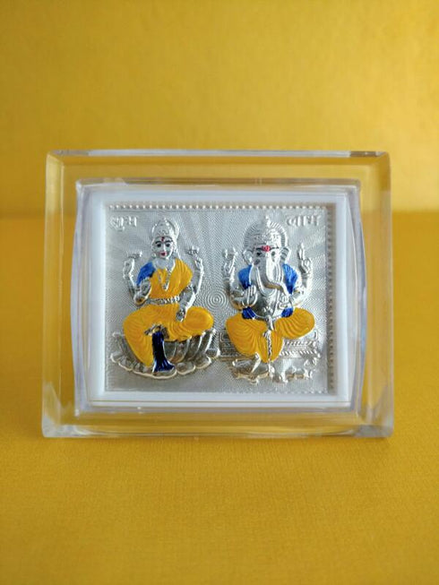 Lakshmi With Ganesh Silver Coiled With Enamel Paint Mini Stand Frame