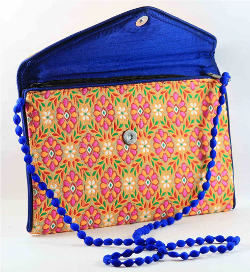 Rajasthan Ethnic Handmade Cotton Blue With Orange Sling Bag