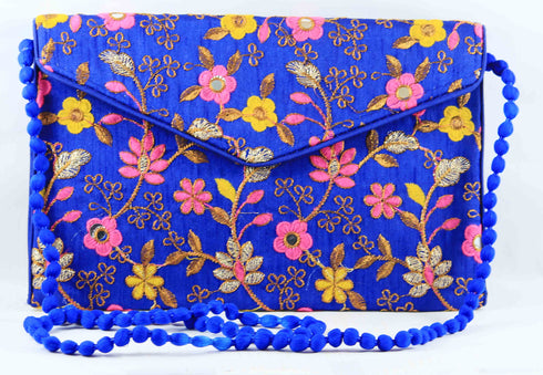 Rajasthan Ethnic Cotton Purple With Blue Floral Design Sling Bag