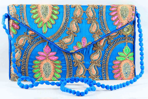 Rajasthan Ethnic Handmade Cotton Sky Blue Floral Design Sling Bag