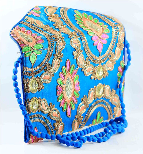 Rajasthan Ethnic Handmade Cotton Sky Blue Floral Design Sling Bag