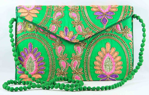 Rajasthan Ethnic Handmade Cotton Sea Green Floral Design Sling Bag