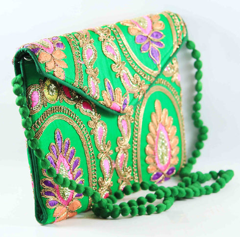 Rajasthan Ethnic Handmade Cotton Sea Green Floral Design Sling Bag
