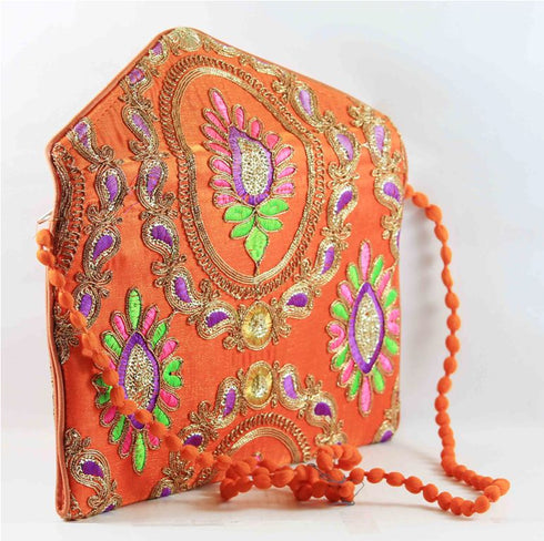 Rajasthan Ethnic Cotton Orange With Pink Floral Design Sling Bag