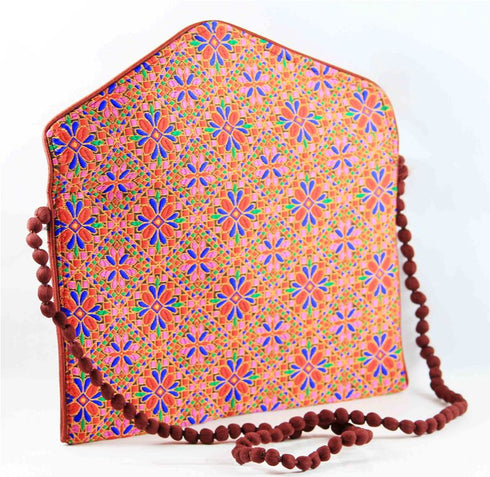 Rajasthan Ethnic Cotton Red With Pink Floral Design Sling Bag