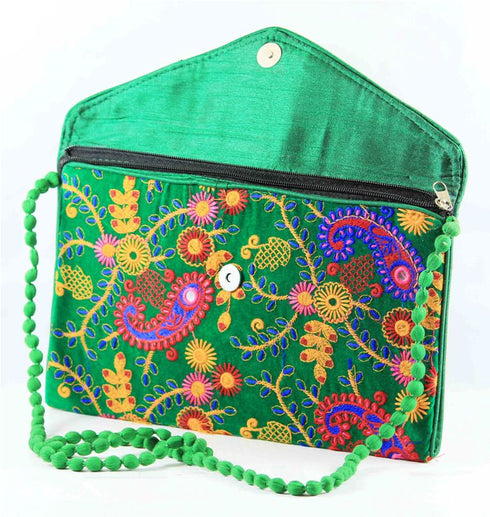 Rajasthan Ethnic Handmade Cotton Dark Green Floral Design Sling Bag