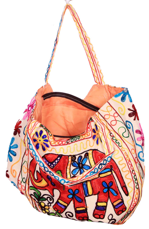 Cream Elephant Design Matka Bag