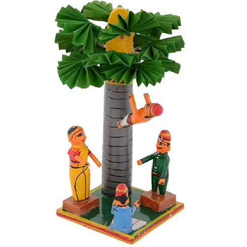 Puniki Wooden Man Climbing Palm Tree Kondapalli Multicolor Showpiece