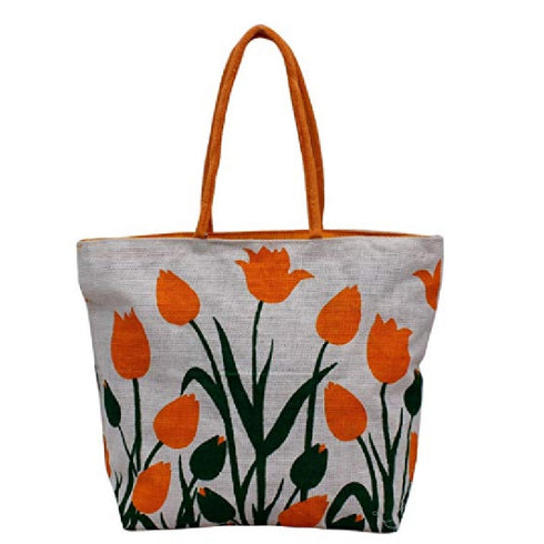 White Background Orange Rose Bud Floral Designer Trendy Jute Bag