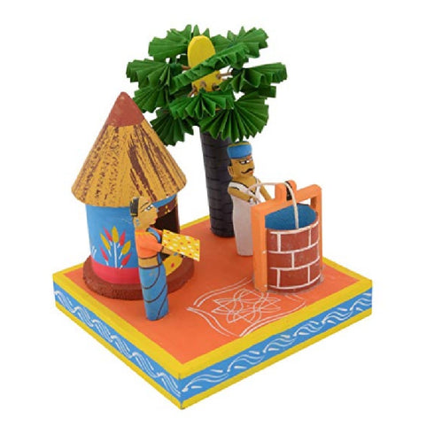 Handmade Puniki Wood Village Set Up Showpiece |15x15x17 cm, Multicolour