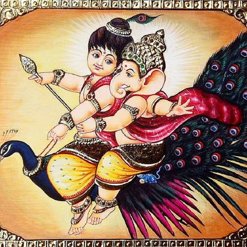 Murugan And Ganesha On Peacock Tanjore Painting