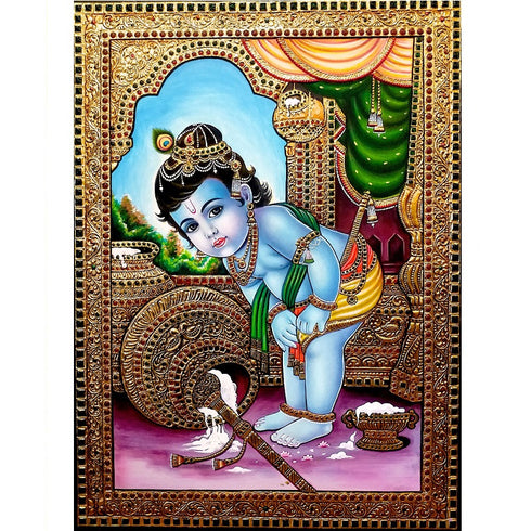 Butter Krishna Blue Tanjore Painting