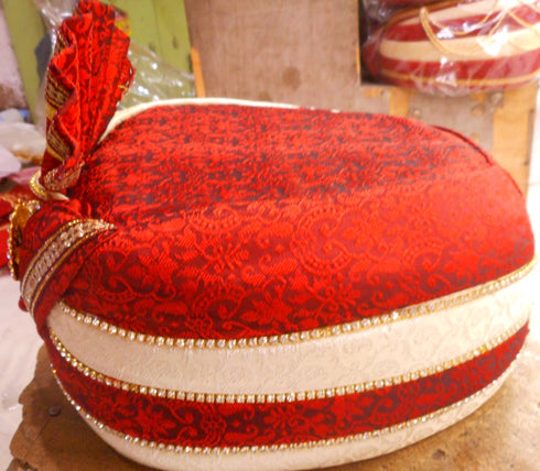 Red And Cream Color Pagdi With Red And White Stones