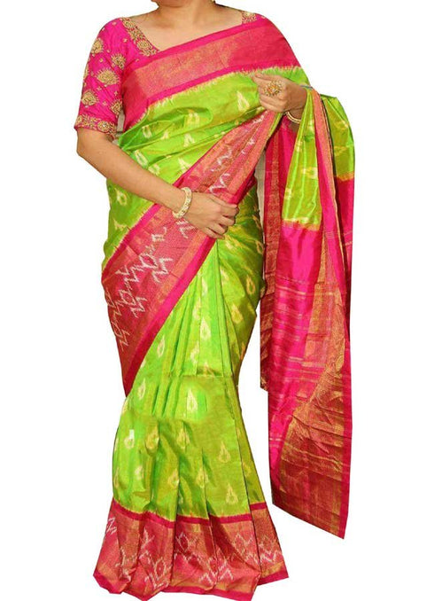Ikkat Designer Parrot Green Color Saree