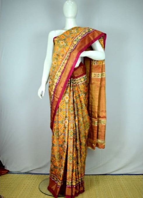 Ikkat Tissue Yellow Color Saree