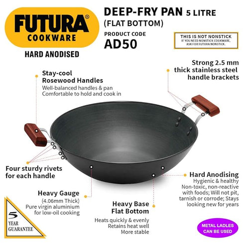 Hawkins Futura Hard Anodised Deep Fry Pan Flat Bottom Kadhai 5 L (AD50)