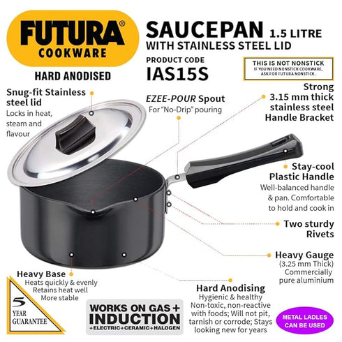Hawkins Futura Sauce Pan 16 cm Diameter with Lid 1.5 L (AS15S)