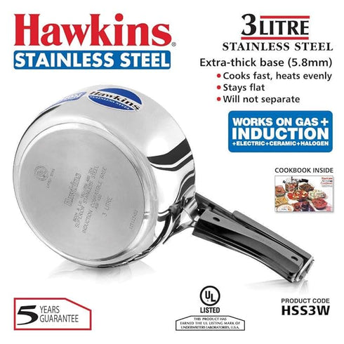 Hawkins Stainless Steel 3 L Induction Bottom Pressure Cooker (HSS3W)