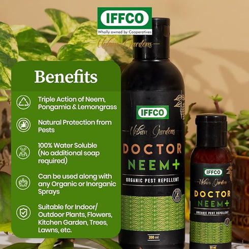 IFFCO Urban Gardens Doctor Neem+ 500ml Organic Pest Repellent Triple Action of Neem Oil Pongamia Oil Lemongrass Oil 100% Water Soluble