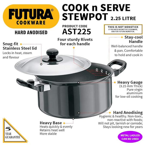 Hawkins Futura Hard Anodized Cook-n-Serve Stewpot 2.25 L with Lid (AST225)