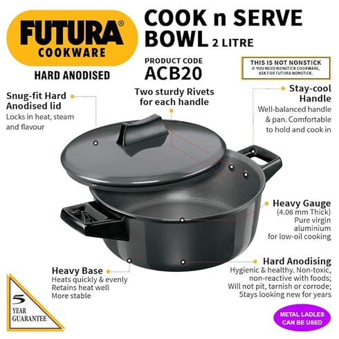 Hawkins Futura Hard Anodised Cook-n-Serve Bowl Handi 2 L with Lid (ACB20)