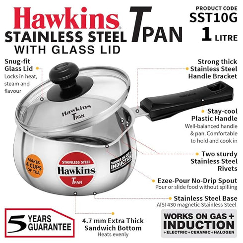 Hawkins Stainless Steel Tea Pan 15.1 cm Diameter with Glass Lid 1 L (SST10G)
