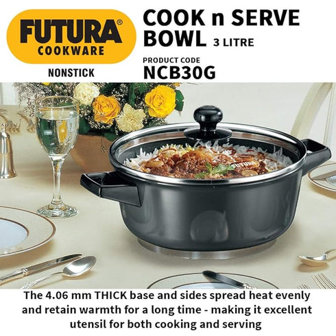 Hawkins Futura Non-stick Cook-n-Serve Bowl with Glass Lid 23 cm Diameter 3 L (NCB30G)