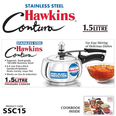 Hawkins Stainless Steel Contura 1.5 L Induction Bottom Pressure Cooker (SSC15)