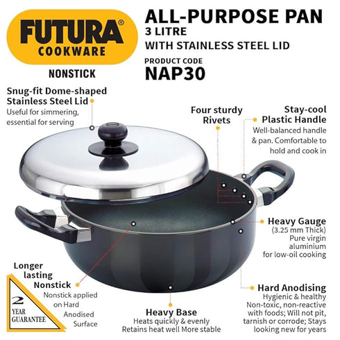 Hawkins Futura Non-stick All-Purpose Pan Handi 3 L with Lid (NAP30)