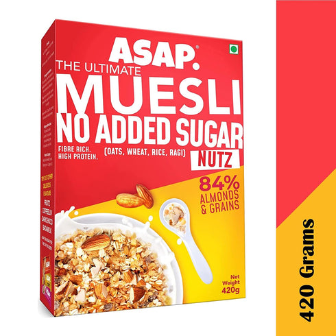 ASAP Wholegrain High Protein Breakfast Muesli | NO ADDED SUGAR 84% Almonds + 4 Toasted Grains Oats Wheat Rice and Ragi 420g