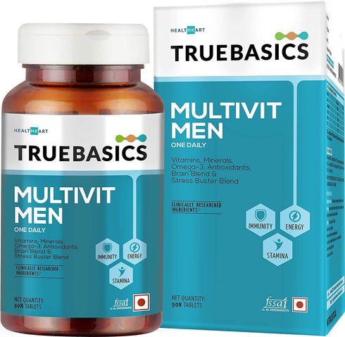 TrueBasics Multivit Men Multivitamin For Men With Zinc Vitamin C Vitamin D3 and Multiminerals Antioxidant-Rich Stress Buster Blend Clinically Researched Ingredients 90 Multivitamin Tablets