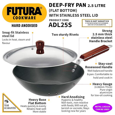 Hawkins Futura Deep Fry Pan Flat Bottom Wok with Lid 2.5 L 26 cm Diameter (ADL25S)