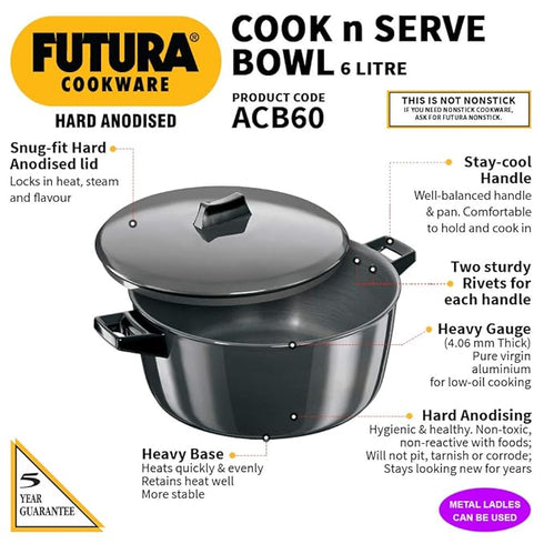 Hawkins Futura Hard Anodised Cook-n-Serve Bowl 6 L Capacity (ACB60)