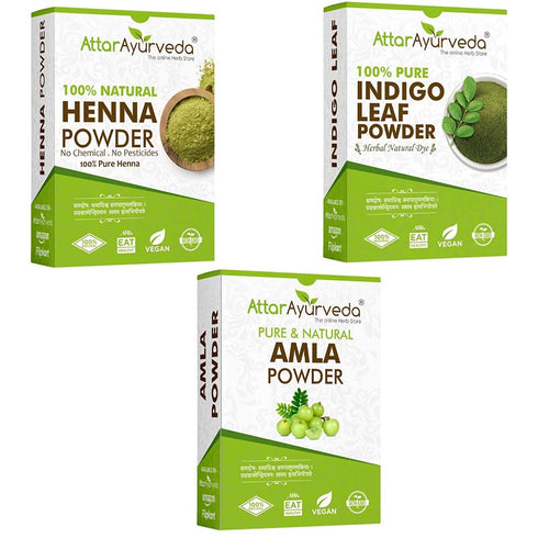 Attar Ayurveda Henna Leaves Powder Indigo Leaves Powder and Amla Powder Combo 650g