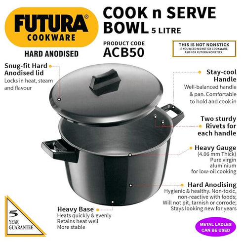 Hawkins Futura Hard Anodized Cook-n-Serve Bowl 5 L with Lid (ACB50)