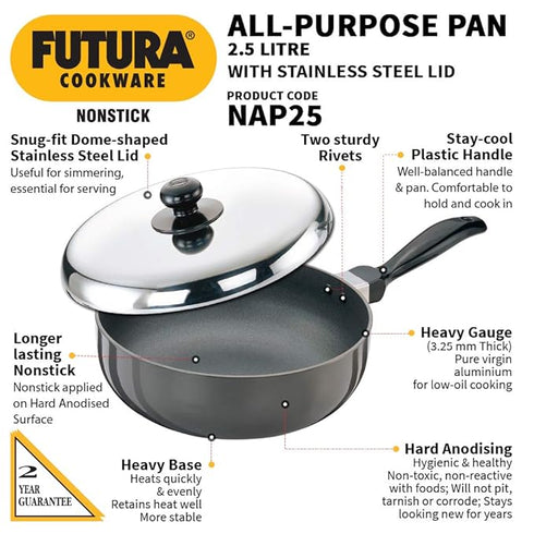Hawkins Futura Non-stick All-Purpose Pan 22 cm Diameter with Lid 2.5 L (NAP25)