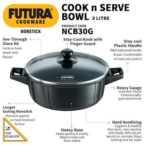 Hawkins Futura Non-stick Cook-n-Serve Bowl with Glass Lid 23 cm Diameter 3 L (NCB30G)