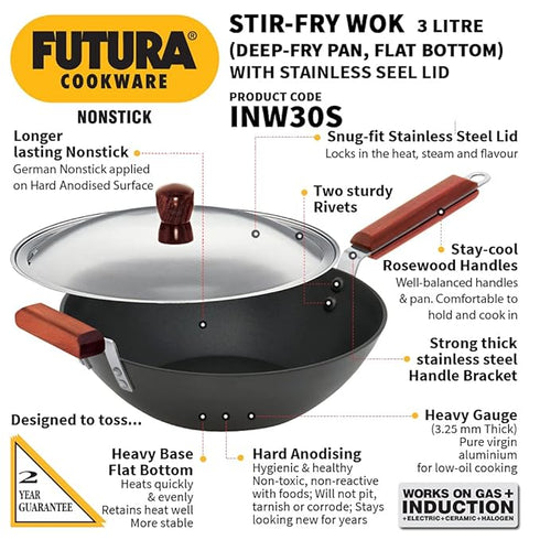 Hawkins Futura Stir Fry Wok with Stainless Steel 27 cm Diameter 3 L (INW30S)