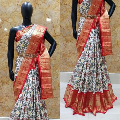 White And Red Ikkat Kanchi Saree